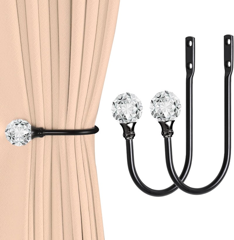 groleca 2 x Heavy Duty U Shaped Metal Curtain Holdbacks Curtain Tiebacks with Clear Crystal Ball Pull Backs Curtain Holders for Drapes (Black) - Image 1